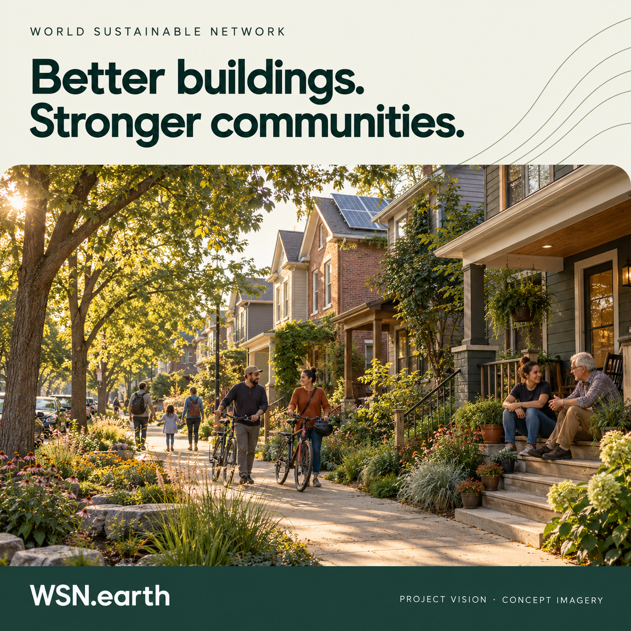 WSN sustainable retrofitting concept: neighbors share a tree-lined street with improved homes.