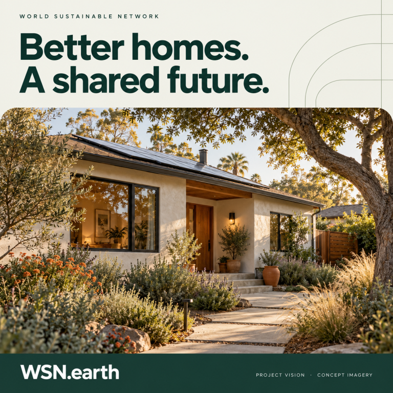 WSN concept illustration of a home surrounded by mature trees, representing a shared future.